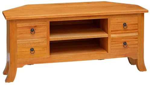 Augerqir Meuble TV en bois d'acajou massif naturel 100 x 40,5 x 46 cm avec 4 tiroirs et étagère, armoire de salon pour rangement, armoire de ménage polyvalente avec charme rustique