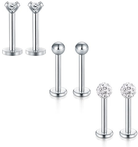 MODRSA 6 Piezas 16G Cristal Pelota CZ Labret Piercing Labio Anillo Tragus Helix Oreja Stud Barre Piercing 8mm