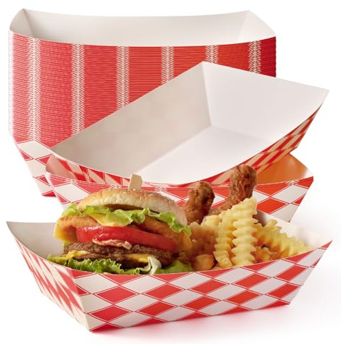 Fit Meal Prep [125 Pack 5 lb Paper Food Trays Heavy Duty Disposable Food Boats, Red Check, for Parties Fairs Picnics Carnivals, Hold Hamburger Snack Fries Hot Dog Grease Resistant
