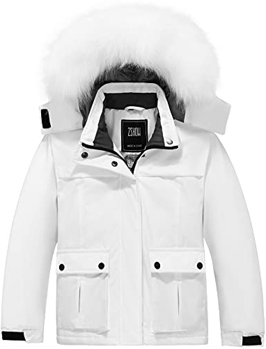 ZSHOW Girls' Outdoor Snowboard Coat Waterproof Warm Fleece Lined Ski Jacket with Removable Hood(White,10-12)