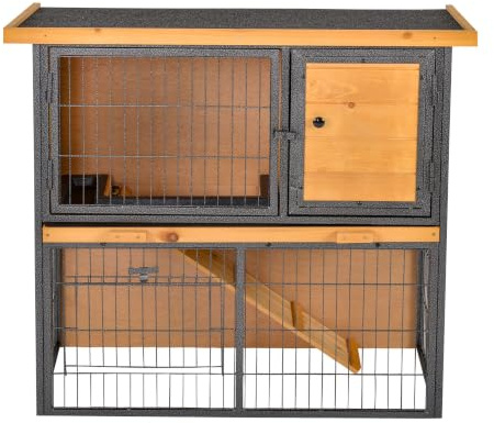 PawHut Gabbia per Conigli con Rampa 2 Livelli 89.5x45x81cm Giallo Chiaro | Area Aperta, Conigliera in Legno e Metallo