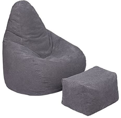Loft 25 Sedia a Sacco per Adulti in Velluto a Coste, Ideale per Soggiorni e Sale Giochi, Poltrona a Sacco Con Riempimento, Comodo Pouf a Sacco (Bean Bag + Poggiapiedi, Carbone)
