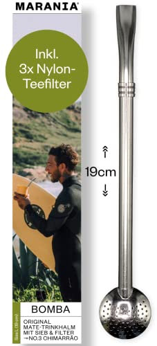 MARANIA Bombilla Mate Edelstahl groß 19cm mit Extra Teefilter - Yerba Mate Tee Strohhalm Löffel mit Sieb - Erva Mate Chimarrao - Edelstahl silber lang - Trinkrohr Trinkhalm Chimarrão