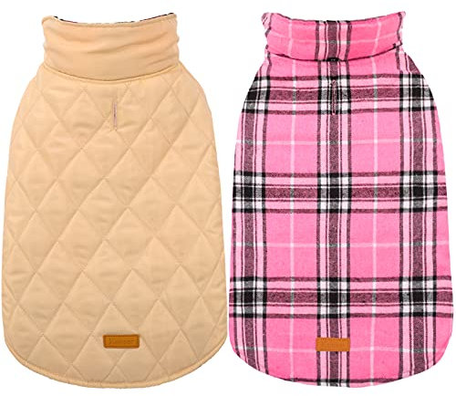 Kuoser Hundemantel Winter, Hundejacke für Kleine Hunde, Kleine Hundemantel Fleece Wasserdicht und Warm, Outdoor Hundemantel mit Geschirr Loch Karierte Wendejacke, XS