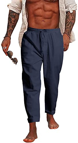 NANAMEEI Men's Cotton Linen Trousers Casual Linen Trousers with Pockets Elastic Waist Linen Pants
