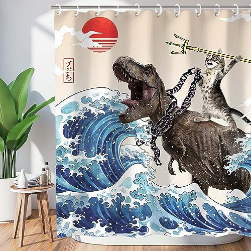 Lustiger Katzen-Duschvorhang, coole Katze, Dinosaurier, japanische Ozeanwelle, Duschvorhang-Set, lustig, Tier, nautisch, Polyester, wasserdicht, waschbar, dekorative Badezimmervorhänge, 183 x 183 cm,