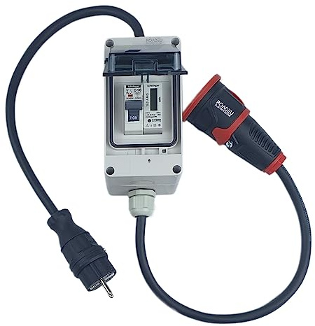 RoadEu - Adaptateur Complet avec Compteur – Fiche 230 V 16 A vers Prise 230 V – Rallonge 1m avec Compteur électrique IP44 Idéal pour la Maison, Le Garage et la Remise, Camping Car