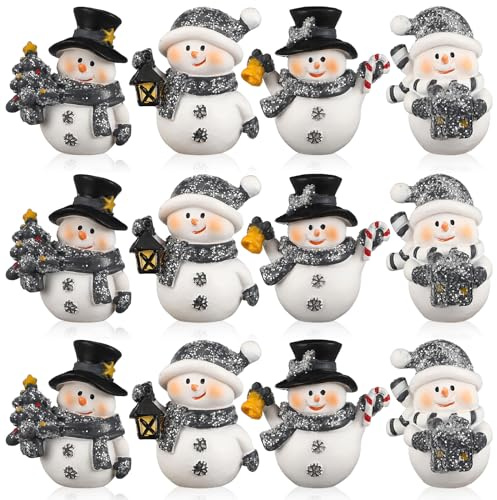 Honoson 12 Pcs Christmas Cute Snowman Figurines Winter Miniature Glittered Figurines Resin Micro Landscapes Winter Snow Decoration for Christmas Birthday Home Decorations Gift(Cute Snowman)