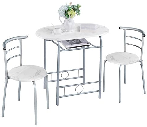 Yaheetech Juego de Mesa de Comedor Redonda con 2 Sillas, Juego de Muebles de Cocina de 3 Piezas, para Espacios Pequeños, Jardín, Estudio Blanco