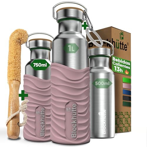 Blockhütte Edelstahl Trinkflasche 750ml I Wasserflasche Kohlensäure geeignet I Auslaufsicher, BPA-Frei Metall Thermosflasche mit Silikonmantel I Isolierflasche für Kinder, Erwachsene, Sport