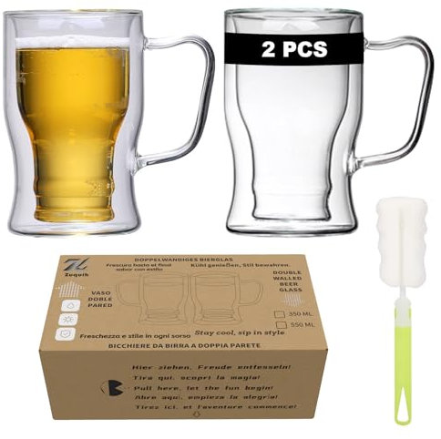 Zuquik Doppelwandiges Bierglas 350ML Dubbelglas Biergläser 0,3,2er,Umgestülpte Flaschenform mit Griff,mit Tassenbürste