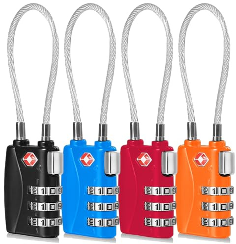 CFMOUR TSA Locks - 3-Dial TSA Approved Luggage Locks with Flexible Cable, Security Travel Combination Padlock for Suitcases Luggage Case Bag Code Lock - Black&Blue&Red&Orange (Pack of 4)