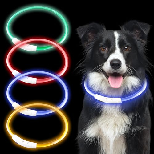 4 stycken ljushalsband med USB-hund, 3 blixtlägen lysande hundhalsband uppladdningsbart, längdjusterbart LED-halsband vattentät hög synlighet för medelstora hundar (röd, gul, blå, grön, L)