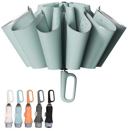 TUMAAOTU Compact Inverted Umbrella with Never Forget Carabiner Handle - Travel Umbrella Windproof Strong, Reverse Umbrellas for wind rain, Auto Open Close, 10 Rib Durable Frame for Women Men (Green)