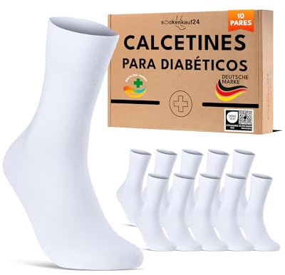sockenkauf24 Calcetines Diabéticos Mujer 35-38 sin Elástico y sin Costuras con Cintura de Confort Algodón Blanco 10 Pares