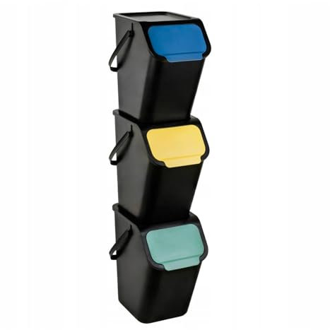 Practic Bini Lot de 3 poubelles, empilables, avec couvercle avec système de clic, système de tri sélectif des déchets de cuisine, 3 x 25 l