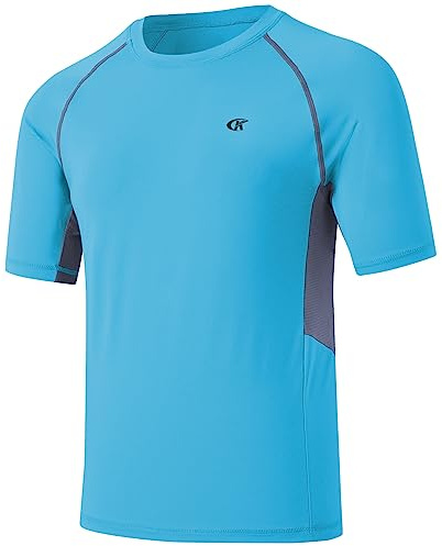 Huayuzh Mens Swimming Shirts Short Sleeve Watersport Rash Guards Rashguard UPF 50+ Quick Drying T-Shirts Surfing Pool Beach Top Blue XXXXXL
