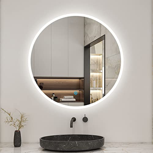 AICA Miroir Salle de Bain Rond 60cm Anti-buée +dimmable + mémoire, Miroir Lumineux LED