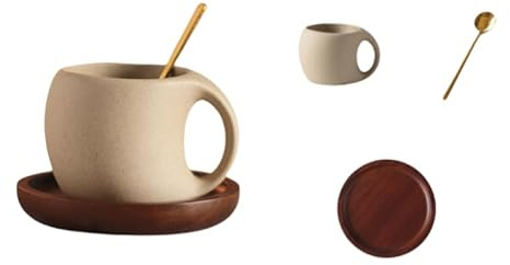 HengYuhating 1 juego de tazas de café de cerámica (250 ml, 7 x 9,8 x 7,5 cm), té caliente de estilo japonés, taza de café con leche de barro grueso, incluye platillo y cuchara, adecuado para el hogar