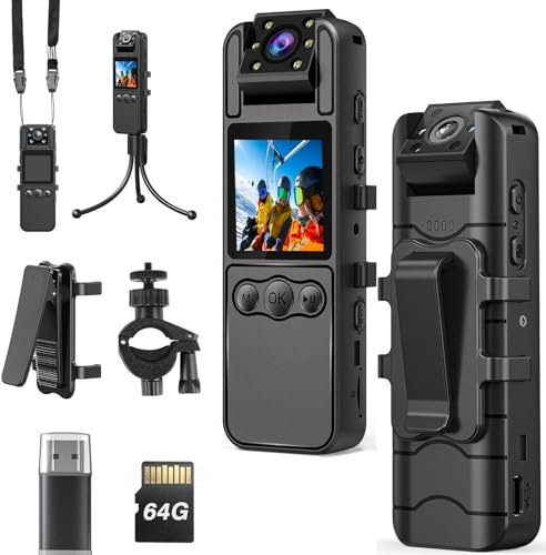Mini Body Camera with Rotation Lens and Motion Detection Body Cam with Audio and Video Hrs Video Recording with Bike Mount, Night Vision, 360° Clip Lanyard for Walking, Cycling, and Outdoor【64GB】