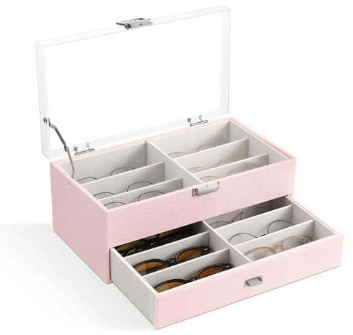 MoKo Sunglasses Organizer, 2-Layer Sunglass Organizer for Women, Glasses Holder with Clear Acrylic Lid & Lock Clasp, Sunglass Case for Eyeglasses, Sunglasses, Cosmetics, Jewelry, Pink