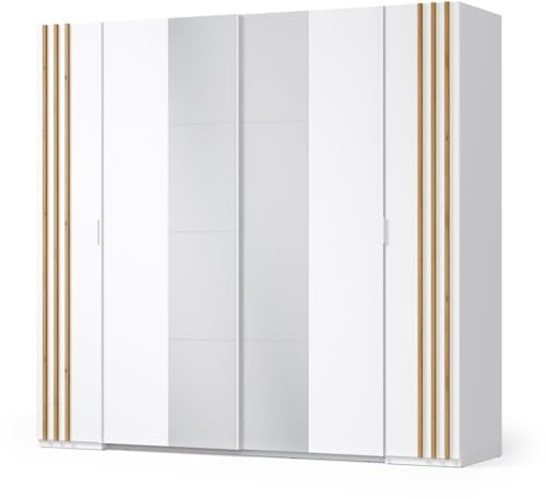 Armoire Florence – Blanc et chêne – 2 Portes coulissantes + 2 battantes – L218 cm – 10 étagères