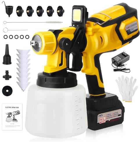Pistola per Verniciare, 4000mAh Verniciatore a Spruzzo a Batteria per Verniciare 850W HVLP con Contenitore 1400ml, 5 Ugelli, Luce LED(Comprend pas la batterie ni le chargeur)