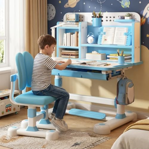 Autrfso Barnskrivbord och stol, funktionellt barnskrivbordsset och stolset med 50° lutbart skrivbord, förvaringslåda och bokhyllor, höjdjusterbara arbetsbord för barn i åldrarna 6–12