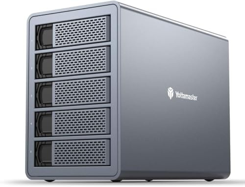 Yottamaster 5 Bay External Hard Drive Enclosure , Aluminum 150W USB3.0 3.5 HDD Enclosure for 3.5 & 2.5 Inch SATA HDD/SSD, Support 90TB(5x18TB) Direct Attached Storage DAS, Non-RAID [FS5U3]
