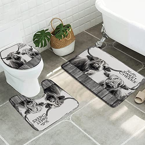 Juego De 3 Alfombrillas De Baño Granja Vaca De Las Highlands Animal Salvaje Occidental Madera Juego De Alfombrillas De Baño Lavable Moda Alfombras De Cama, para Bathroom, Cocina, Dormitorio