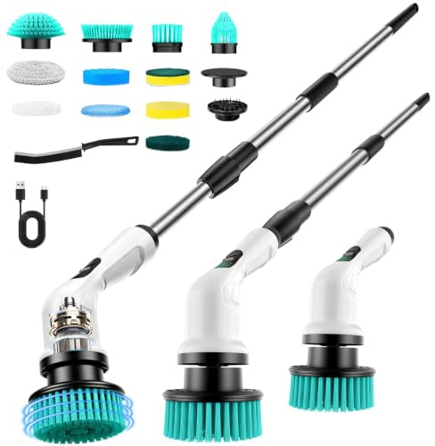 Spazzola Rotante Pulizia Casa, Testina Rotante Multifunzione 12-In-1, Impermeabile Ipx6, Manico Telescopico A 3 Livelli, Spazzola Rotante Per La Casa, Adatta Per Bagno/Cucina/Finestre/Auto (Bianco)