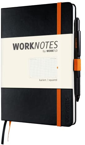 WORKFLO WORKNOTES Notizbuch A5 kariert - Das Notebook für Kreative und Macher, 192 perforierte Seiten, Tintenfestes Papier, 100 g/m², Hardcover in schwarz, inkl. Stiftlasche und Dokumententasche