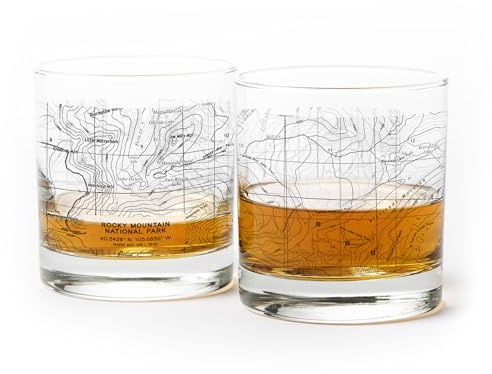 Black Lantern Whiskey Glasses - National Park Topographic Map Old Fashioned Glasses - 11oz. Rock Glass Set of 2 - Cocktail & Everyday Use Drinking Glasses - Dishwasher Safe (Rocky Mountain)