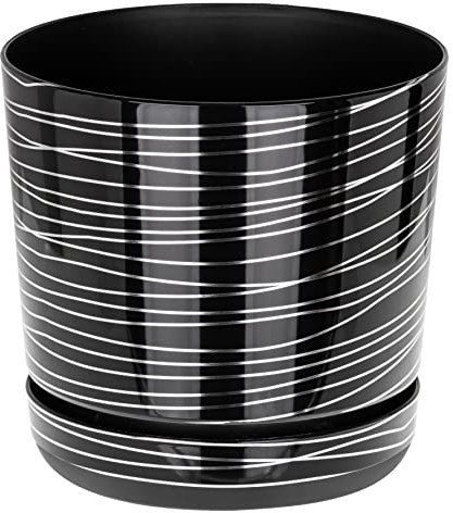 KORAD Modern Indoor Plant Pot – Small & Large Round Plastic Planter with Saucer – Black with Silver Stripes – Lightweight Decorative Pot with Drainage Holes for Succulents-(26 cm - 10.2 inch)