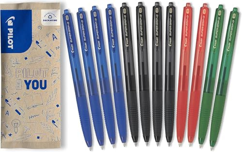 PILOT Caja de 12 Supergrip G RT - Bolígrafos PILOT con tinta recargable y empuñadura cómoda - Bolígrafo retráctil y recargable - 4 Azules, 4 Negros, 2 Rojos, 2 Verdes - Punta Media