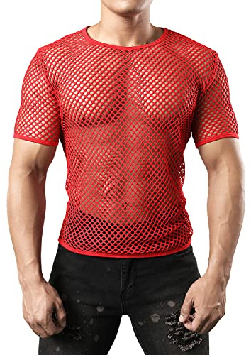 JOGAL Camisa de malla transparente de manga corta para hombre