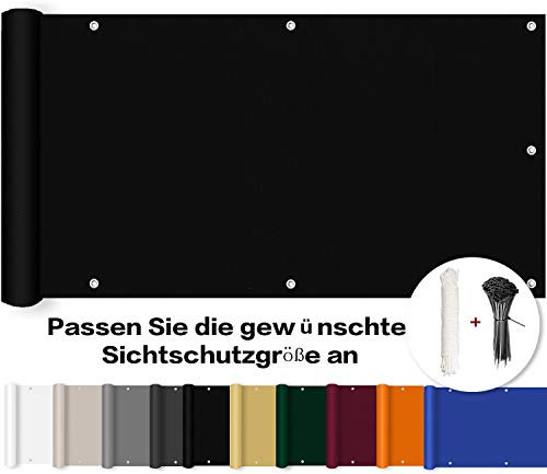 ROBAG Balkon Sichtschutz Balkon sichtschutz Stoff, Balkonumrandung Wasserabweisend Sonnenschutz mit Ösen Nylon Kabelbinder und Kordel, Deko für Balkongeländer, 90x500cm, Schwarz