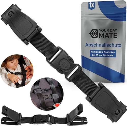 Abschnallschutz für Auto Kindersitz, 1 Stück, in Schwarz, 21 cm Gesamtlänge mit Schnalle, Längen-verstellbar, zum Anstecken an bis 35 mm breite Brustgurte, Sicherheitsgurt Clip, Abschnallen Schutz