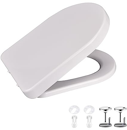 Copriwater con Chiusura Ammortizzata, Sedile WC Forma di D, Tavoletta WC in Antibatterico Duroplast, Sgancio Rapido, Rapido Montaggio, Facile da Pulire, Paraurti Antiscivolo, Bianco