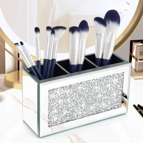 Amezey Crystal Crushed Diamond Silver Makeup Brush Holder Organizer, 3 Slot Mirrored Cosmetics Brushes Storage Case, Cute Pen and Pencil Glass Holder, Eyeliners Display Case