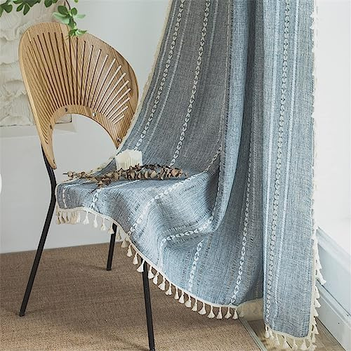 Sutuo hem blå boho-gardiner vardagsrum, semi-mörkläggning franskt lantligt linne draperi för sovrum, 1 panel broderad bondgård fönsterbehandling för matsal barnkammare kök, 132 cm B x 183 cm L