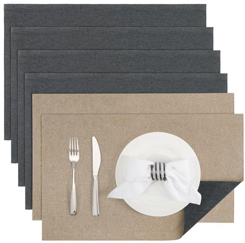 Banchif Sets de Table Tressé Lot de 6 Lavable Double Face Résistantes à la Chaleur Antidérapant Set de Table (Gris-Marron Clair, Rectangulaire Lot de 6)