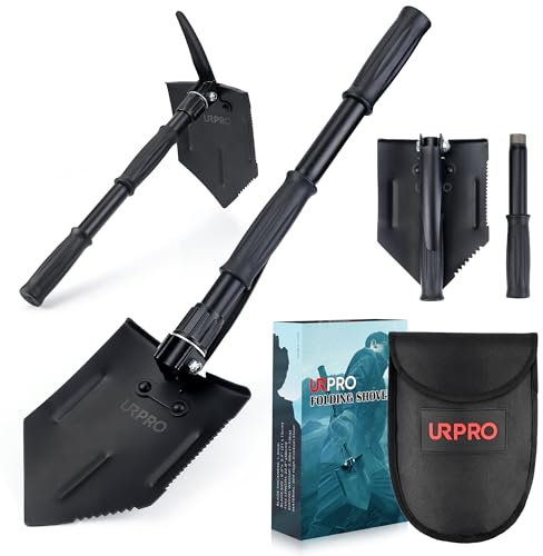 URPRO Folding Shovel with Pick and Extended Handle, Portable Carbon Steel Handle, Survival, Entrenching Tool, for Camping, Gardening, Digging, Sand, Mud & Snow