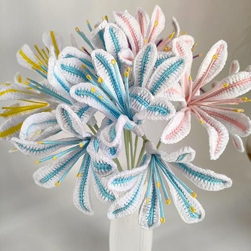 SUKORI 5 pièces Fleurs artificielles Laine Crochet Branche de Fleur de lys tricoté à la Main Bouquet de Fleurs tissé à la Main fête Fleurs tricotées pour Mariage à la Maison