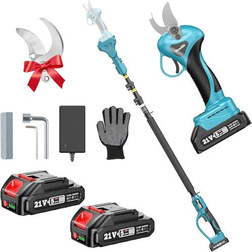 Seesii Tijeras de Podar Eléctricas con Batería, 2 in 1 Seesii 33 mm Podadora Telescópica con 2.4M Pértiga de Extensión, 2x2000mAh Batería, Podadora de Jardín Eléctrica para Jardineria, Olivos