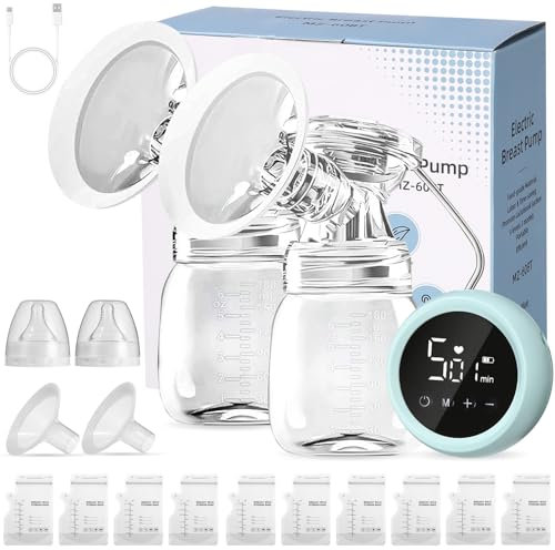 Doppelte Milchpumpe Elektrisch,Abpumpen Muttermilch mit 10 Aufbewahrungsbeuteln und 2 Sauger,3 Modi und 9 Saugstufen,Anti-Rückfluss,Mikro-Vibrationsmassage,Wiederaufladbare Tragbare Breast Pump