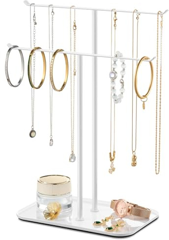 Soporte organizador de joyas para collares, 2 niveles, barra en T, árbol de exhibición de joyas con bandeja para encimera, collar, pulsera, aretes, tocador, lavabo de baño, color blanco