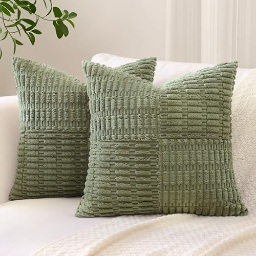 Sungeek Set of 2 Decorative Cushion Covers 40 x 40cm Soft Corduroy Striped Cross Patchwork Textured Pillow Cases Boho Farmhouse Square Throw Pillow Covers for Sofa Bed Patio 16x16 Inch, Olive Green