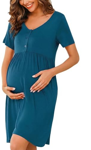Bresdk Women's Nightdresses Cotton Breastfeeding Nightshirt Nursing Sleepwear with Button Royal Blue L