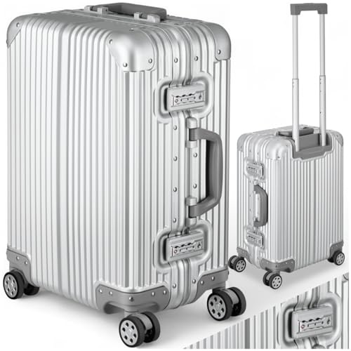 tectake® Alu Handgepäck Koffer 20 36L Reisekoffer, 2 TSA-Schlösser, Teleskopgriff, 4 leise Rollen, Bordtrolley 38 x 24,5 x 53 cm, Koffer Handgepäck, Aluminium Legierung, abteilbarer Innenraum, silber